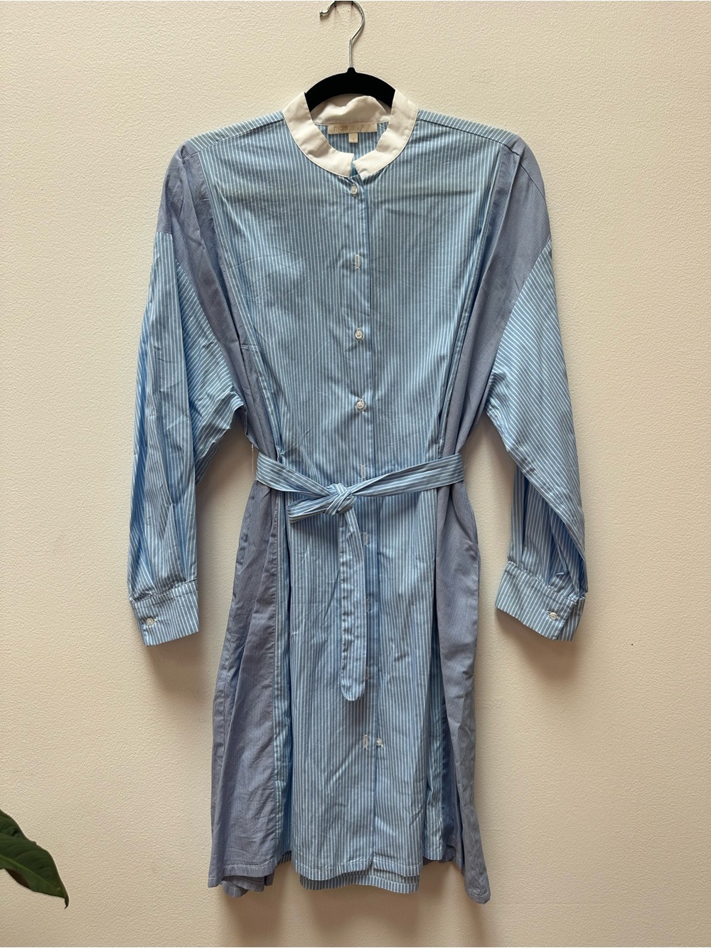 Maje Blue and White Striped Long-Sleeve Shirt Dress with Tie Waist